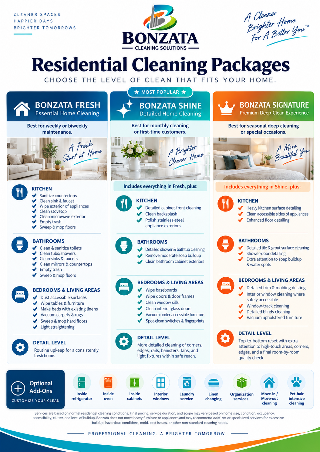 Bonzata Residential Cleaning Packages flyer comparing Fresh, Shine, and Signature cleaning packages with optional add-ons.
